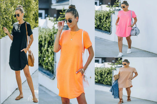 ⏰2025 Women's Casual Short Sleeve T-shirt Dress Basic Dresses with Pockets