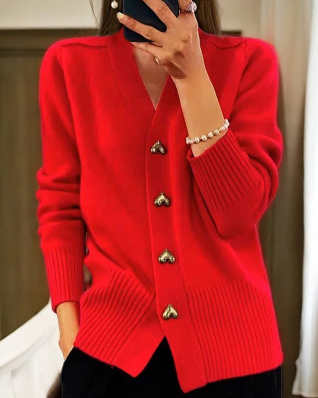 Women Elegant Heart Button Cardigan