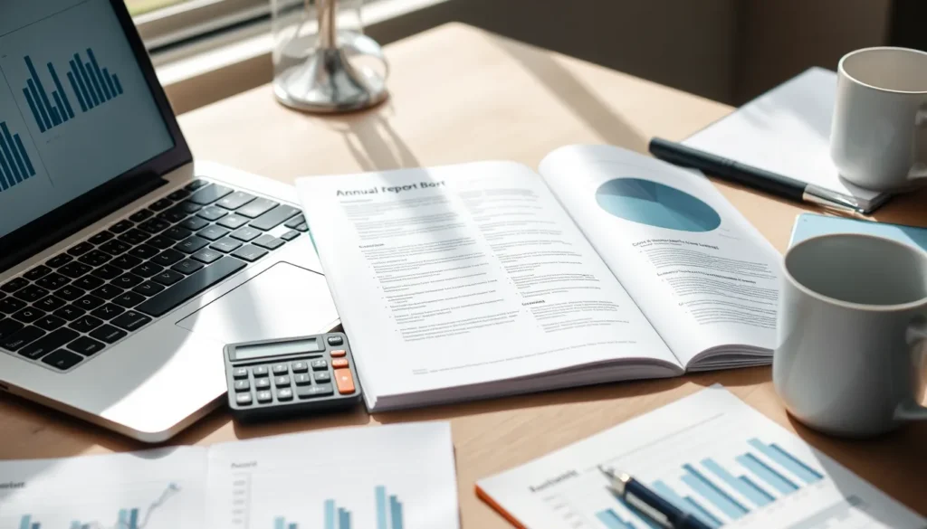 Desk with laptop showing an annual report, calculator, pen, coffee mug, and notepad with charts.