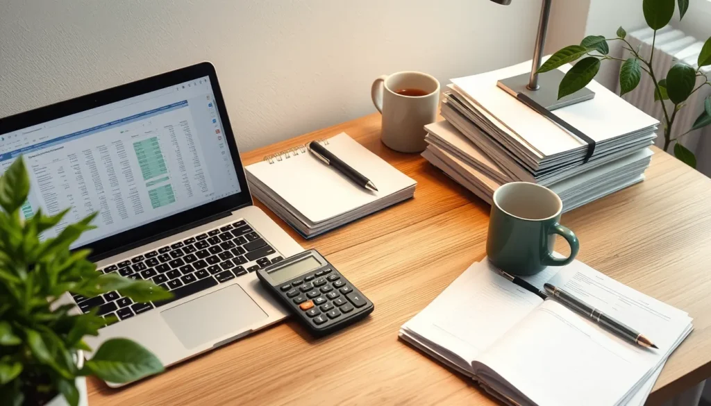 Desk with laptop, calculator, ledgers, coffee mug, plant