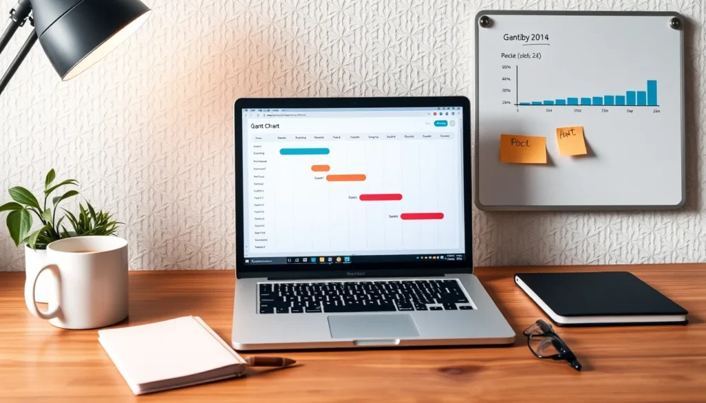 Modern office desk with laptop showing Gantt chart, whiteboard with sticky notes, coffee mug, plant, notebook.