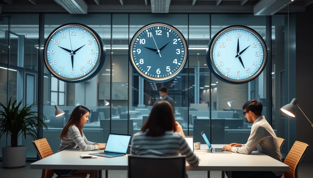 Office with digital clocks showing different time zones, team working around a table with laptops.